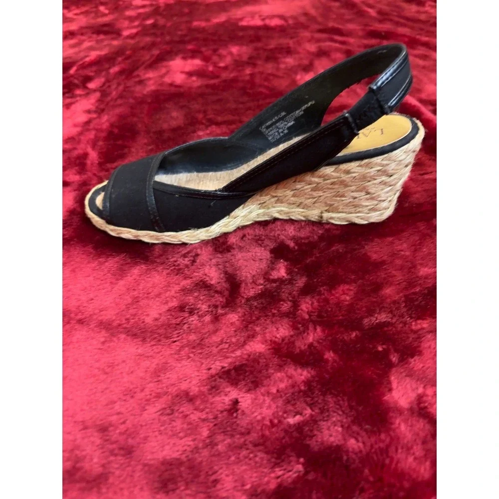 Lauren Ralph Lauren Catrin Black Espadrille Wedge Slingback Sandals Peep Toe 5B